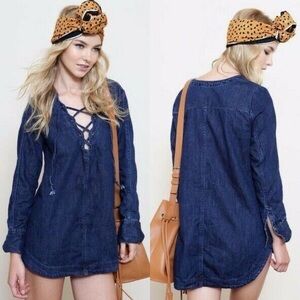 Free People Sz S Neapolitan Dreams Denim Tunic Lace Up Plunge Long Sleeve Jean